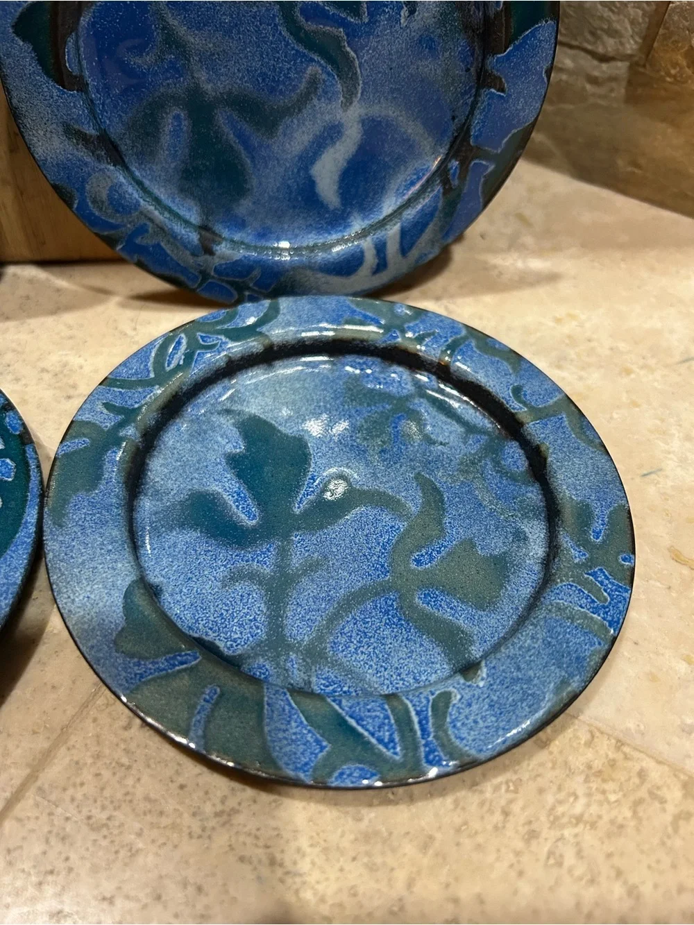 vintage handmade enamel on copper decorative Blue Drink Coaster Set of 4